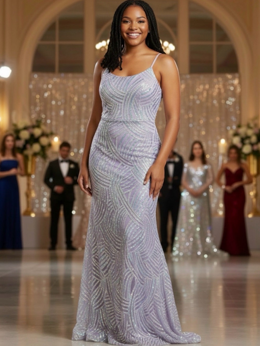 Morgan & Company Metallic Mesh with Sequins Prom Dress